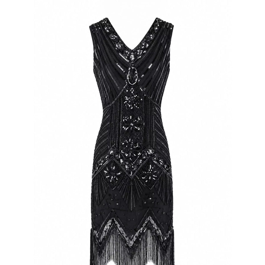 Full Size Sequin Fringe Hem Sleeveless Dress Plus Apparel and Accessories