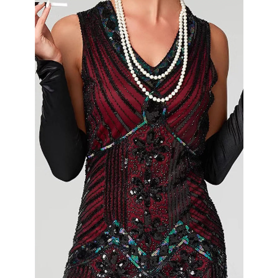 Full Size Sequin Fringe Hem Sleeveless Dress Plus Apparel and Accessories