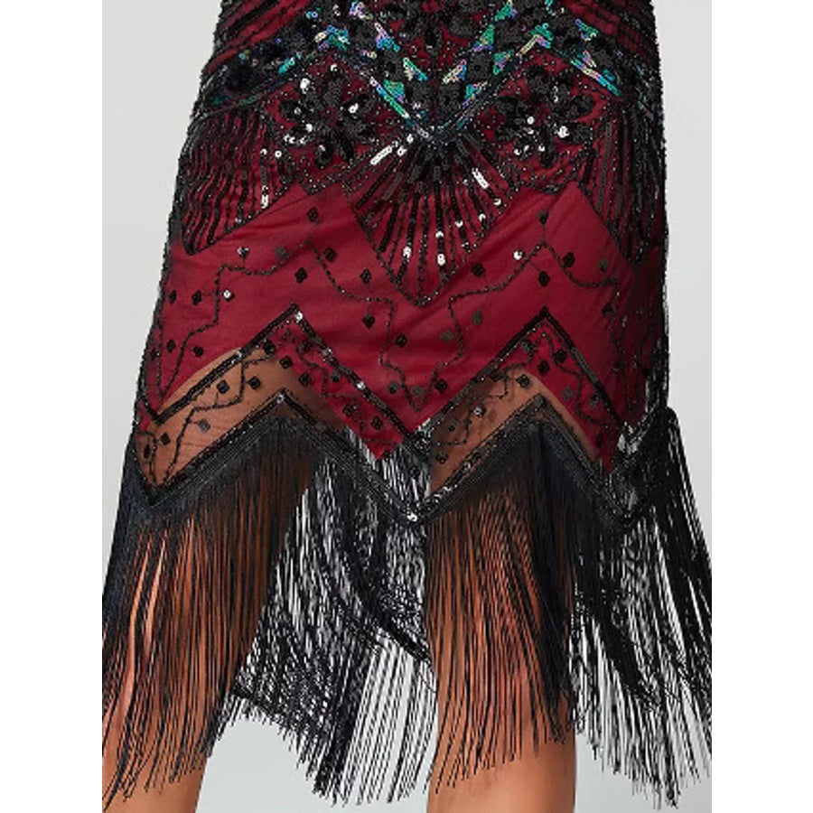 Full Size Sequin Fringe Hem Sleeveless Dress Plus Apparel and Accessories