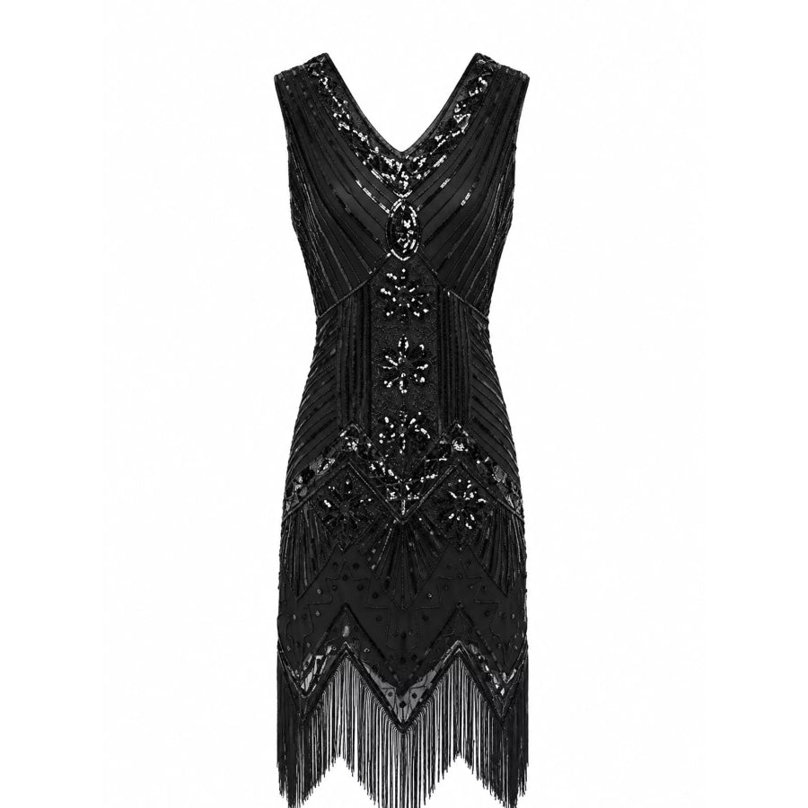 Full Size Sequin Fringe Hem Sleeveless Dress Plus Black / S Apparel and Accessories