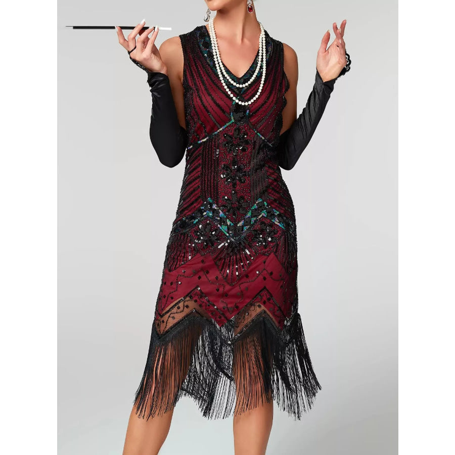 Full Size Sequin Fringe Hem Sleeveless Dress Plus Deep Red / S Apparel and Accessories