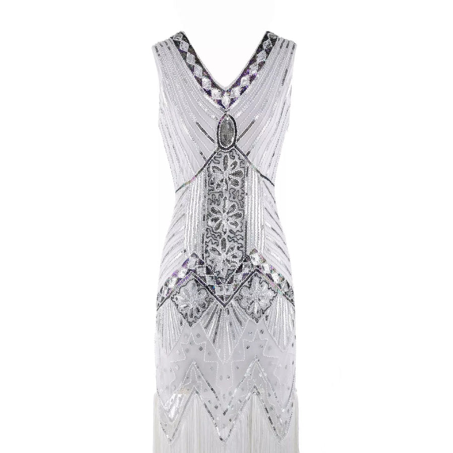 Full Size Sequin Fringe Hem Sleeveless Dress Plus White / S Apparel and Accessories