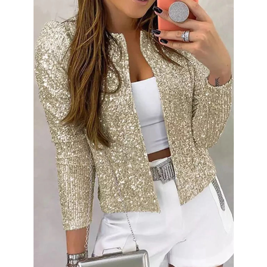 Full Size Sequin Long Sleeve Outerwear Plus Apricot / S Apparel and Accessories