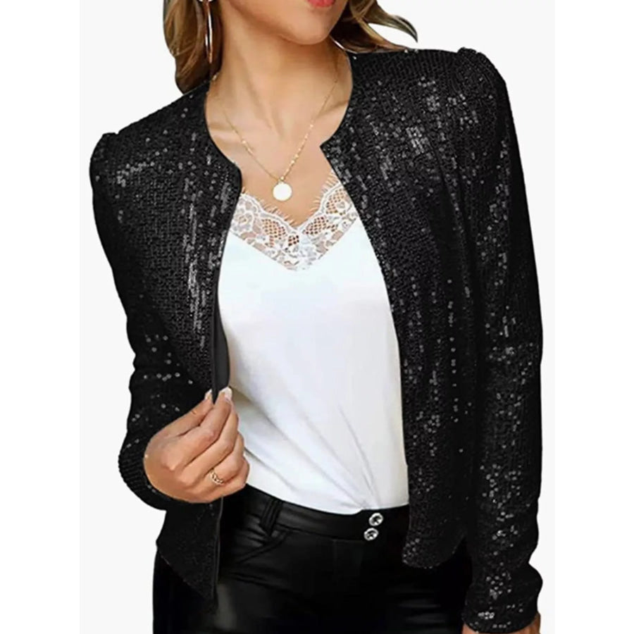 Full Size Sequin Long Sleeve Outerwear Plus Black / S Apparel and Accessories