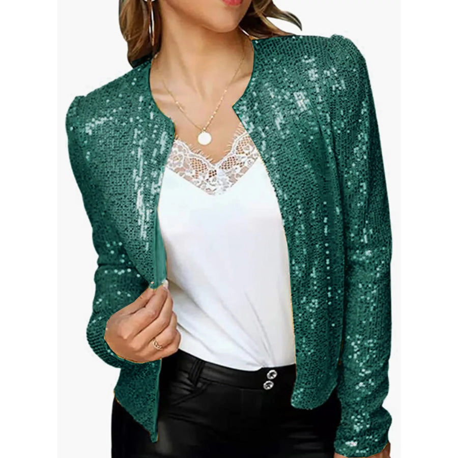Full Size Sequin Long Sleeve Outerwear Plus Dark Green / S Apparel and Accessories