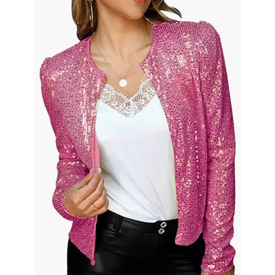 Full Size Sequin Long Sleeve Outerwear Plus Hot Pink / S Apparel and Accessories