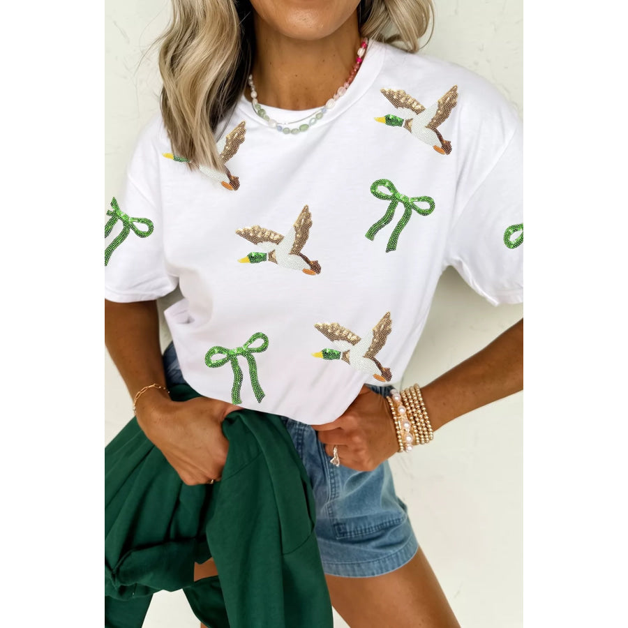Full Size Sequin Mallard Bow Round Neck Graphic T Shirt Plus Apparel and Accessories