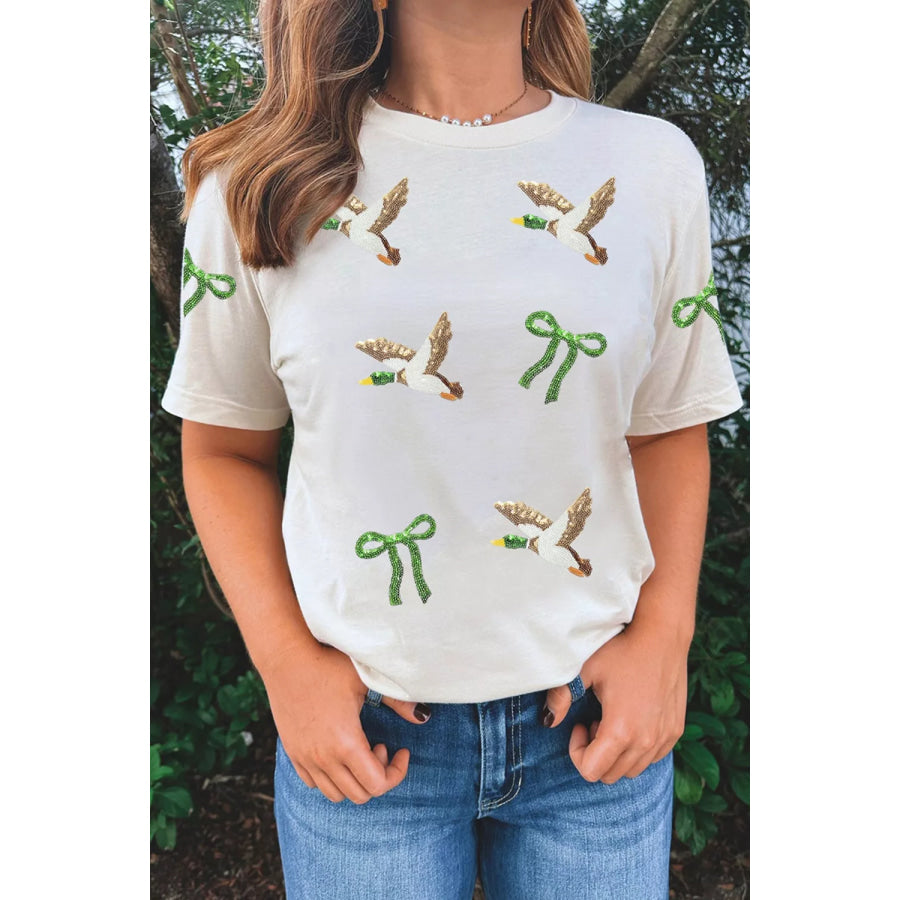 Full Size Sequin Mallard Bow Round Neck Graphic T Shirt Plus Apparel and Accessories