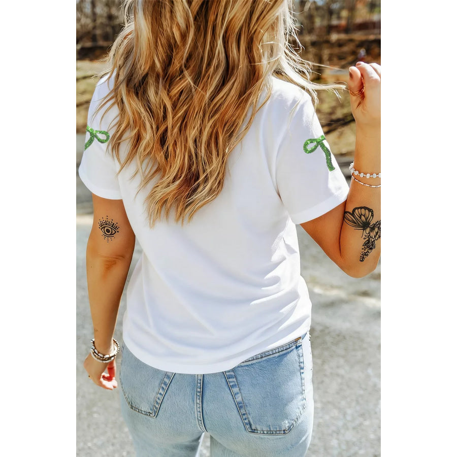 Full Size Sequin Mallard Bow Round Neck Graphic T Shirt Plus Apparel and Accessories