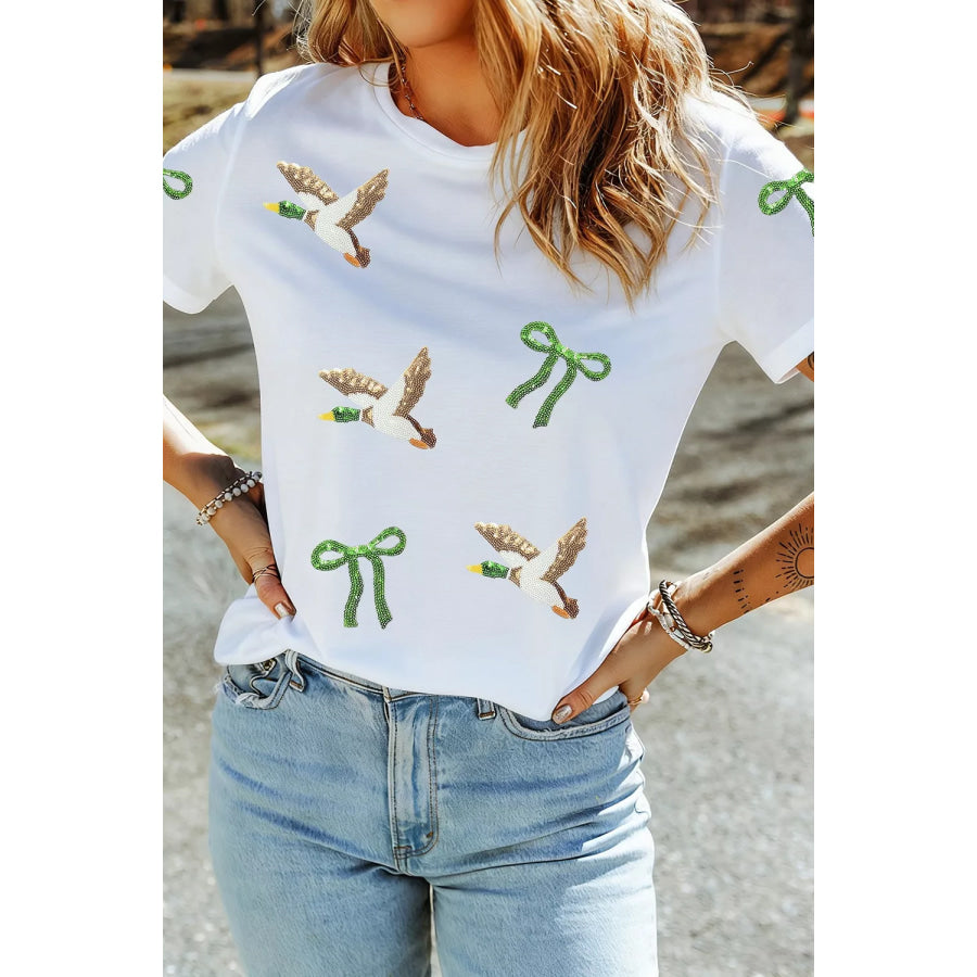 Full Size Sequin Mallard Bow Round Neck Graphic T Shirt Plus Apparel and Accessories