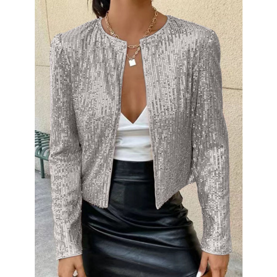 Full Size Sequin Open Front Cropped Jacket Apparel and Accessories