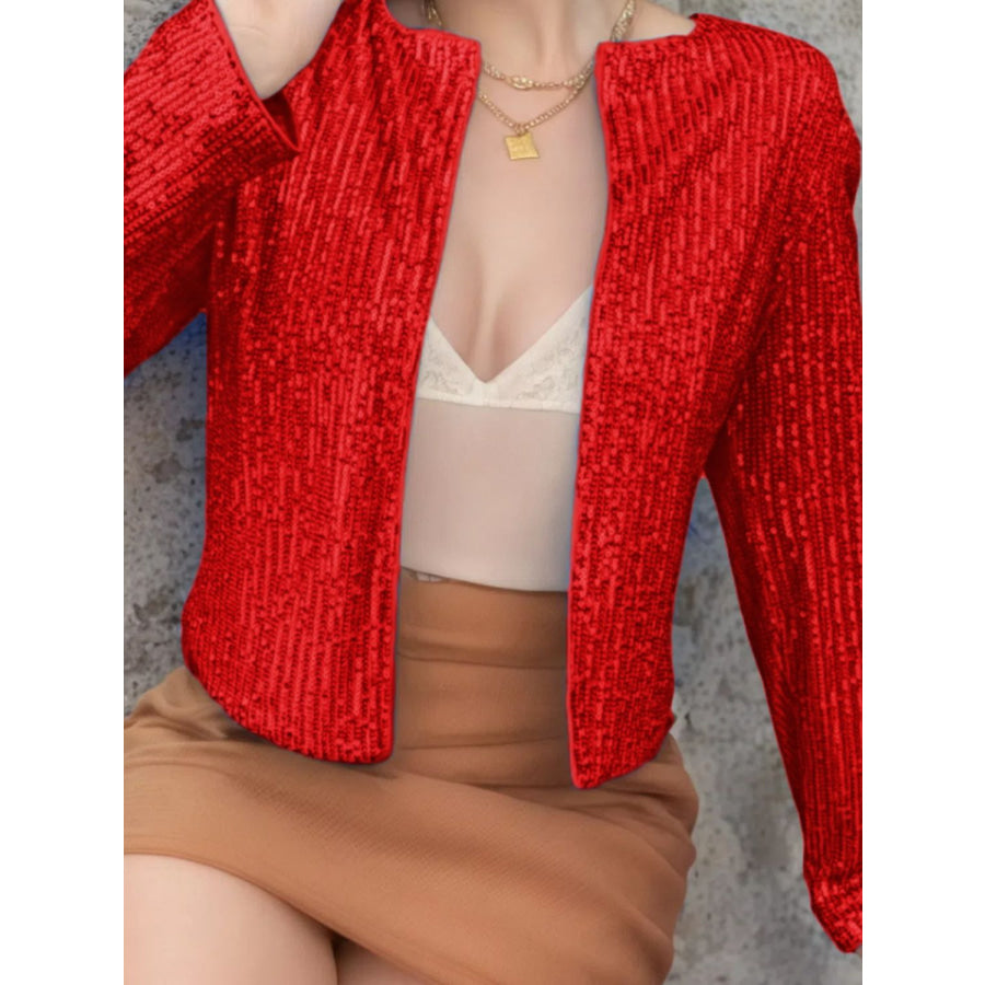 Full Size Sequin Open Front Cropped Jacket Apparel and Accessories