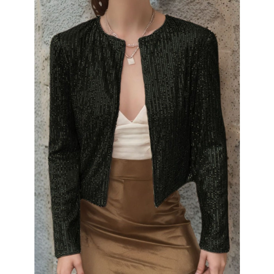 Full Size Sequin Open Front Cropped Jacket Apparel and Accessories