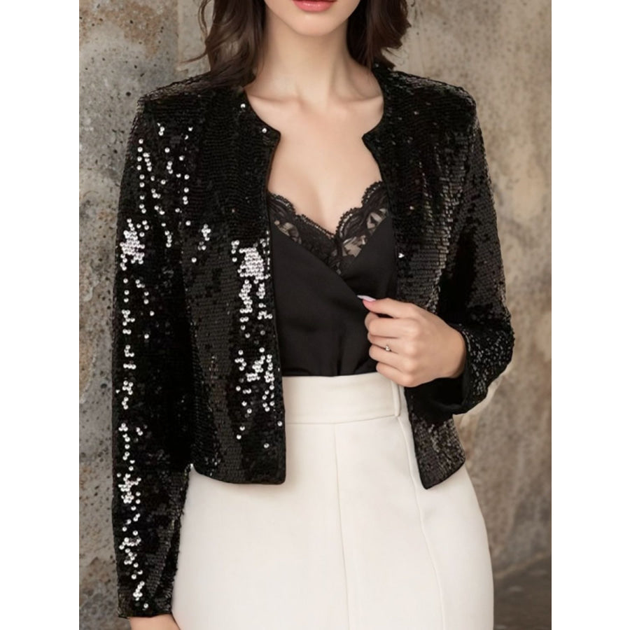 Full Size Sequin Open Front Cropped Jacket Black / S Apparel and Accessories