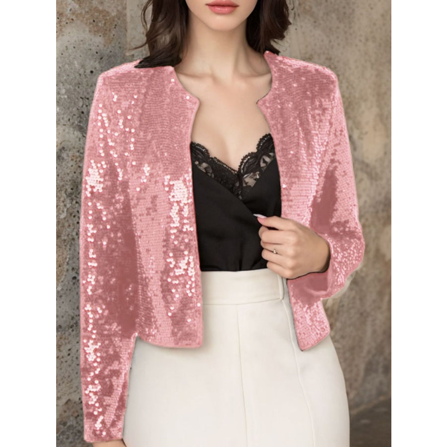 Full Size Sequin Open Front Cropped Jacket Blush Pink / S Apparel and Accessories