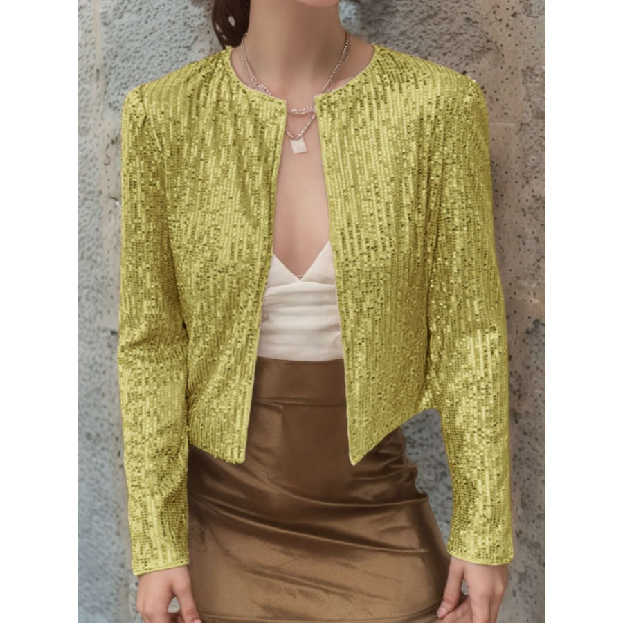 Full Size Sequin Open Front Cropped Jacket Gold / S Apparel and Accessories