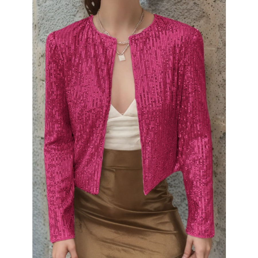 Full Size Sequin Open Front Cropped Jacket Hot Pink / S Apparel and Accessories