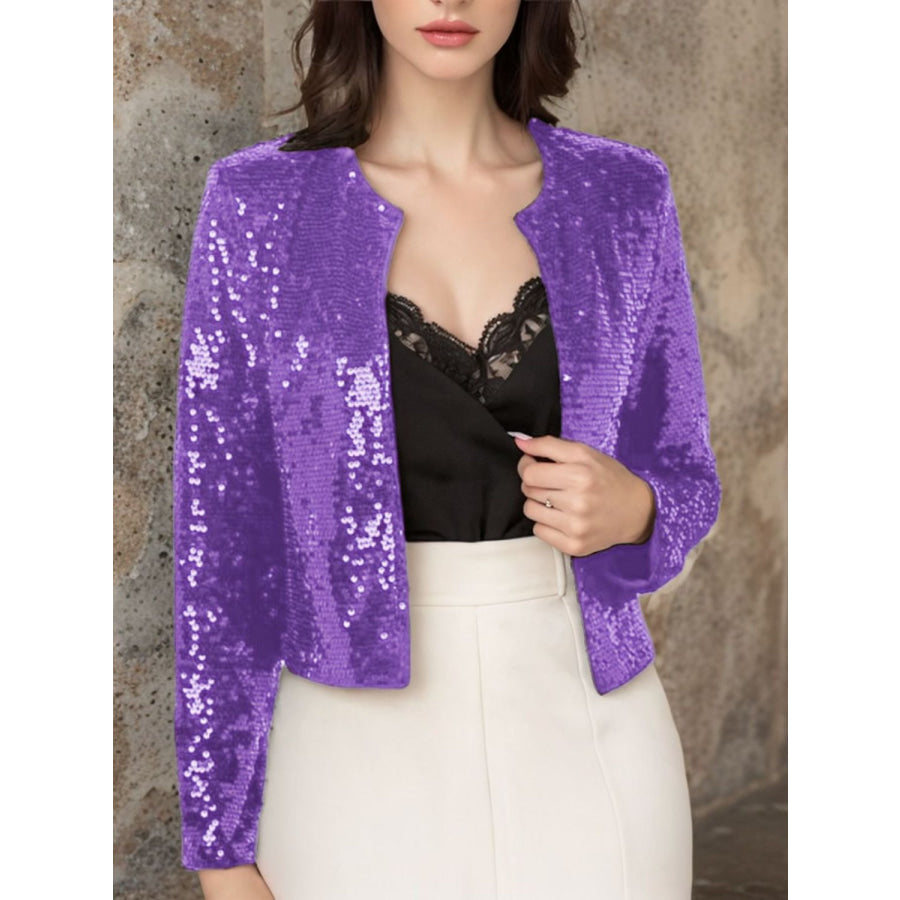 Full Size Sequin Open Front Cropped Jacket Purple / S Apparel and Accessories