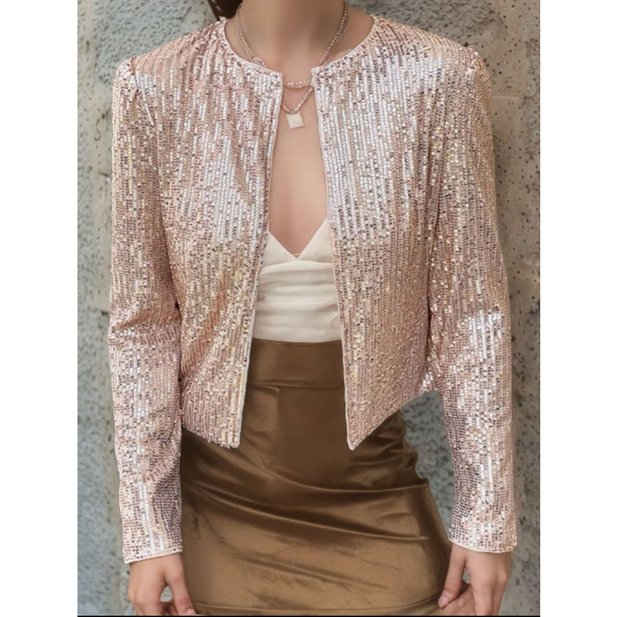 Full Size Sequin Open Front Cropped Jacket Rose Gold / S Apparel and Accessories