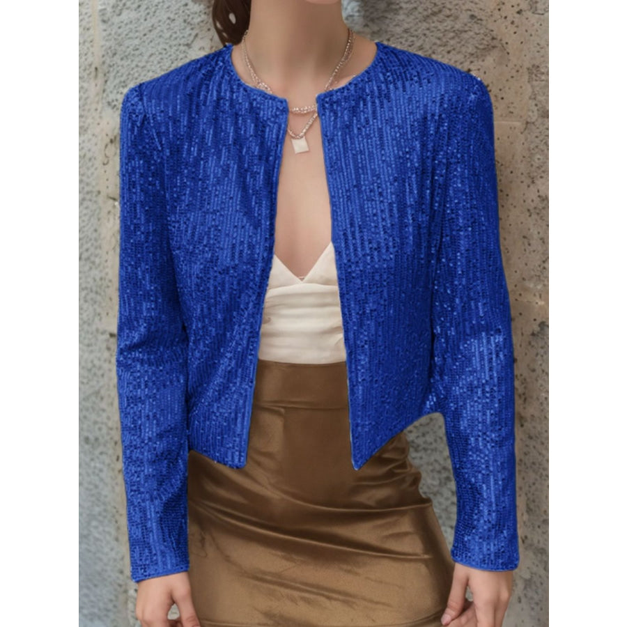 Full Size Sequin Open Front Cropped Jacket Royal Blue / S Apparel and Accessories