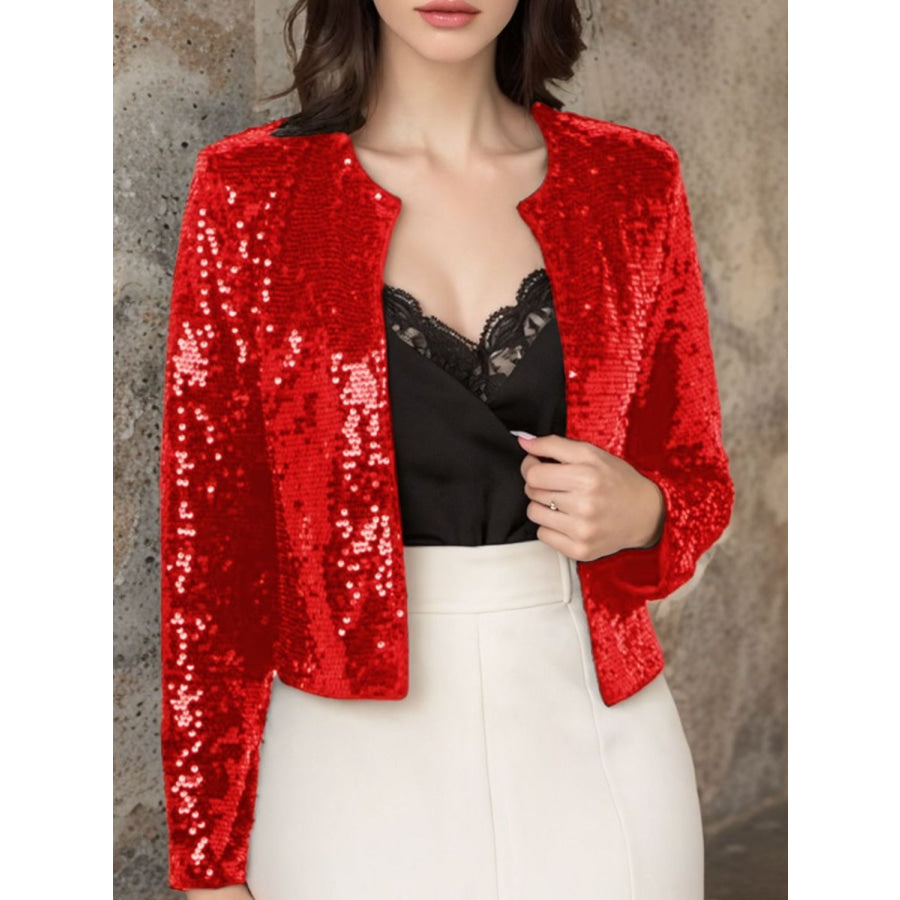 Full Size Sequin Open Front Cropped Jacket Scarlet / S Apparel and Accessories