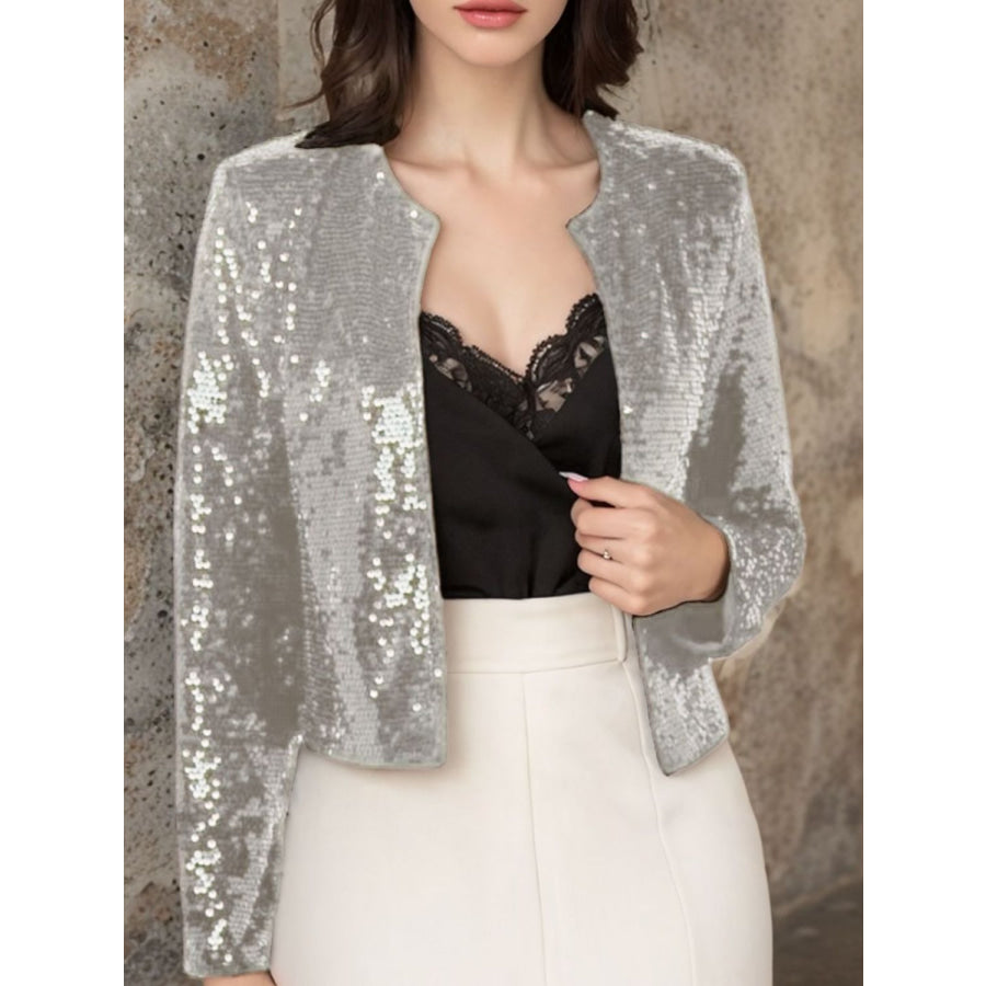 Full Size Sequin Open Front Cropped Jacket Silver / S Apparel and Accessories