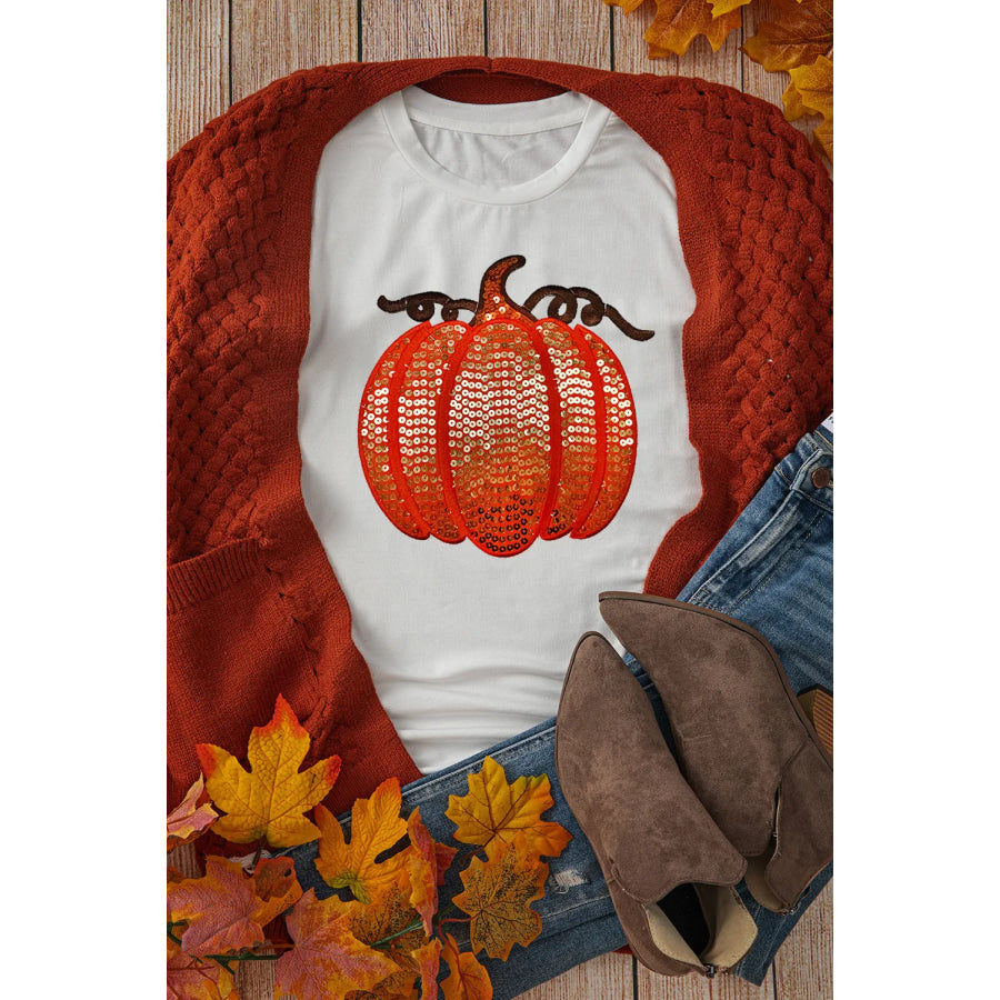 Full Size Sequin Pumpkin Round Neck Short Sleeve T-Shirt Apparel and Accessories