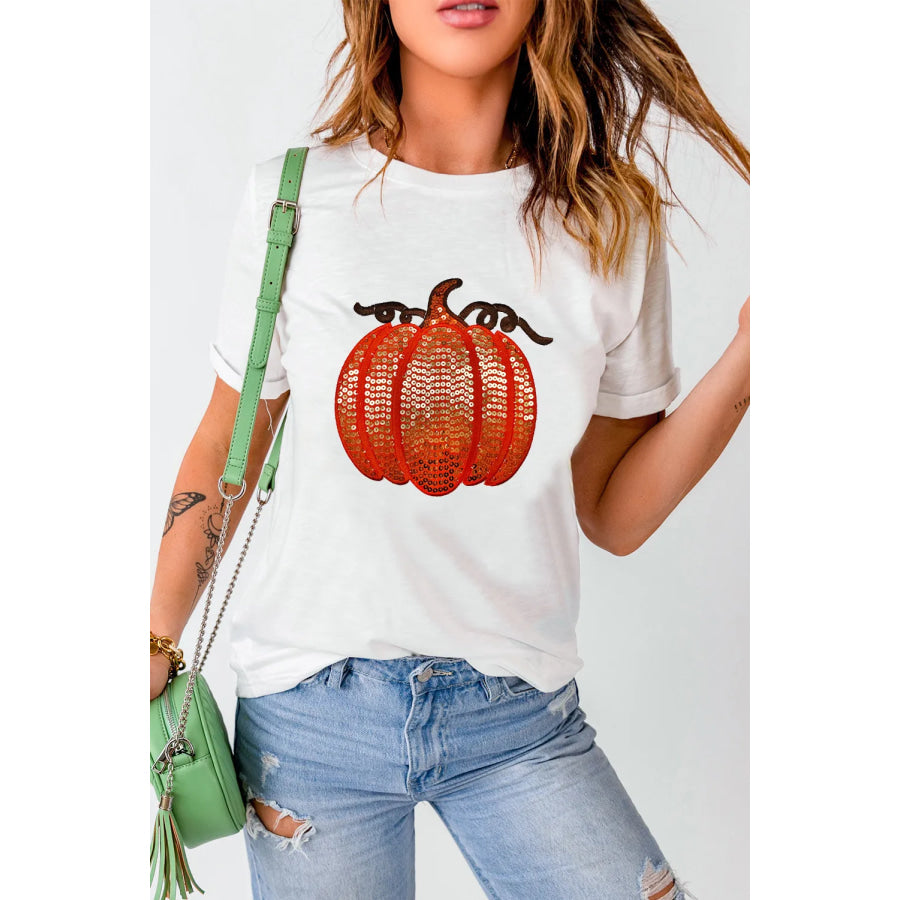 Full Size Sequin Pumpkin Round Neck Short Sleeve T-Shirt Apparel and Accessories