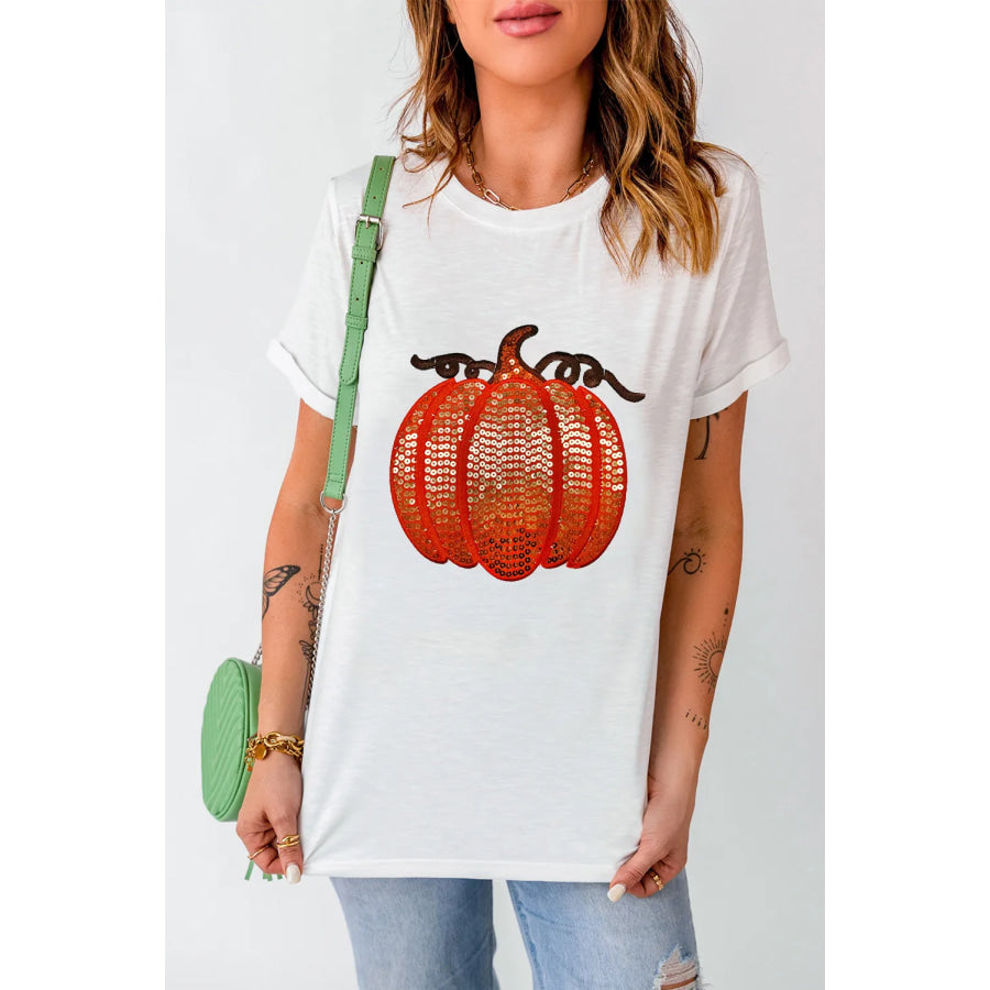 Full Size Sequin Pumpkin Round Neck Short Sleeve T-Shirt Apparel and Accessories