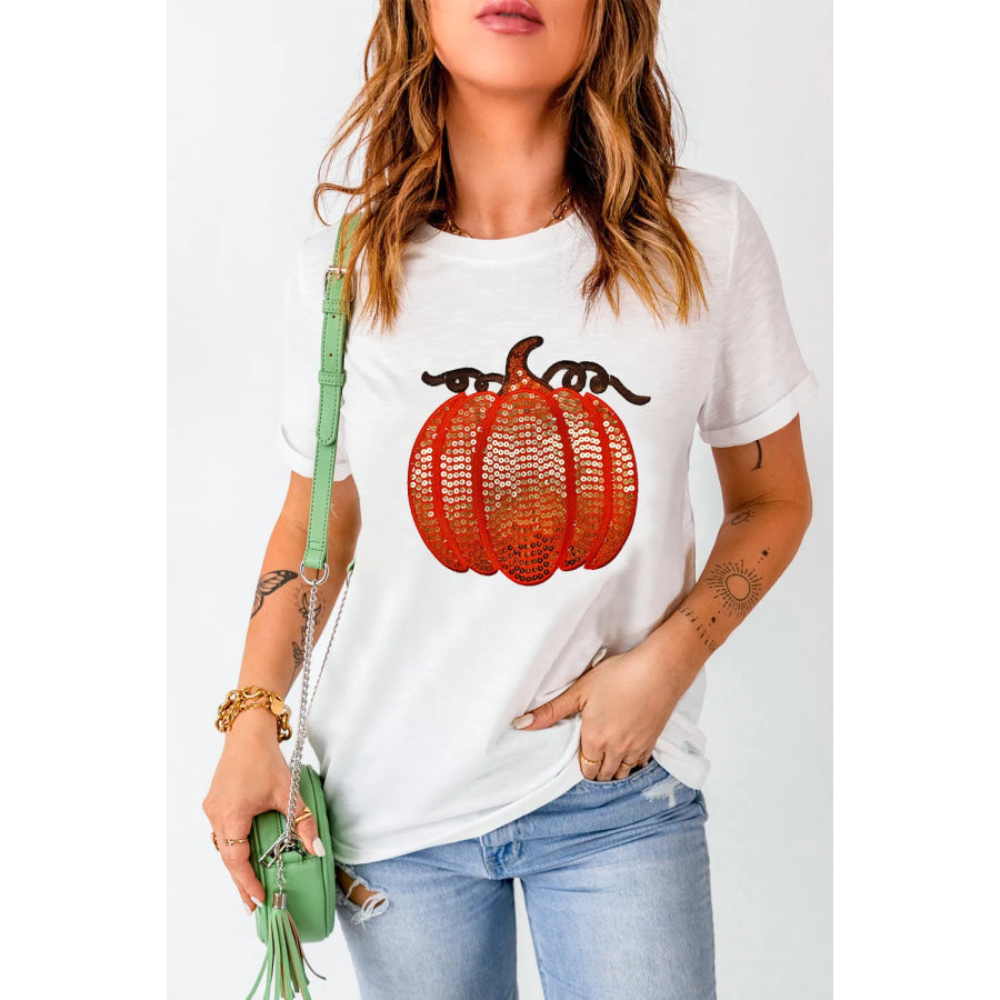 Full Size Sequin Pumpkin Round Neck Short Sleeve T-Shirt White / S Apparel and Accessories