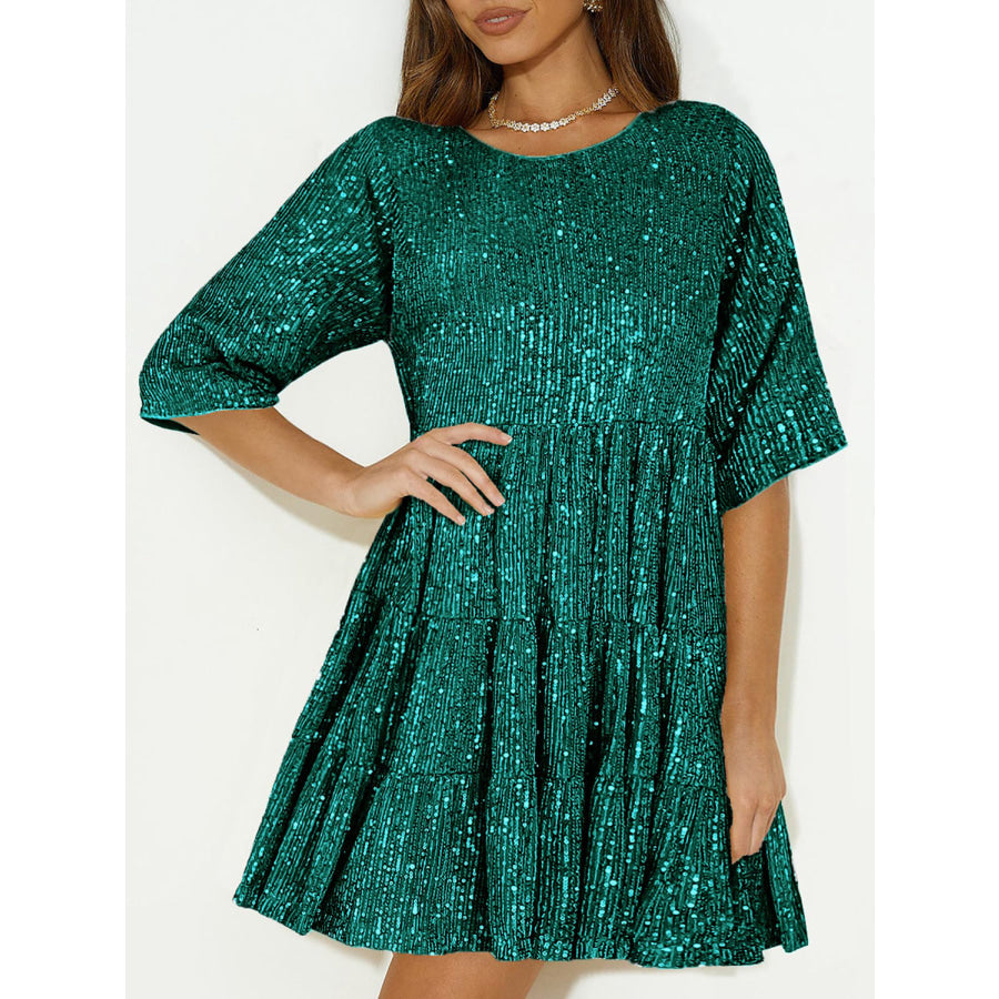 Full Size Sequin Round Neck Half Sleeve Mini Dress Apparel and Accessories