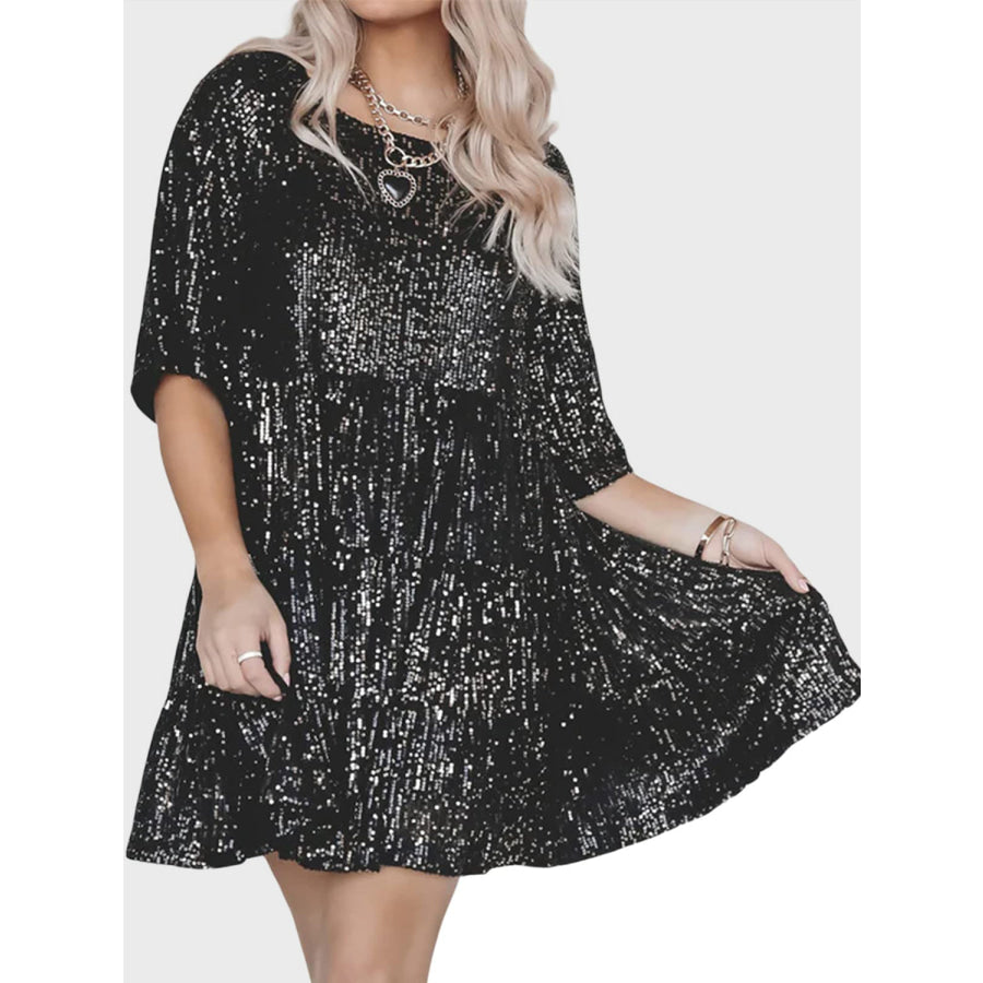 Full Size Sequin Round Neck Half Sleeve Mini Dress Apparel and Accessories