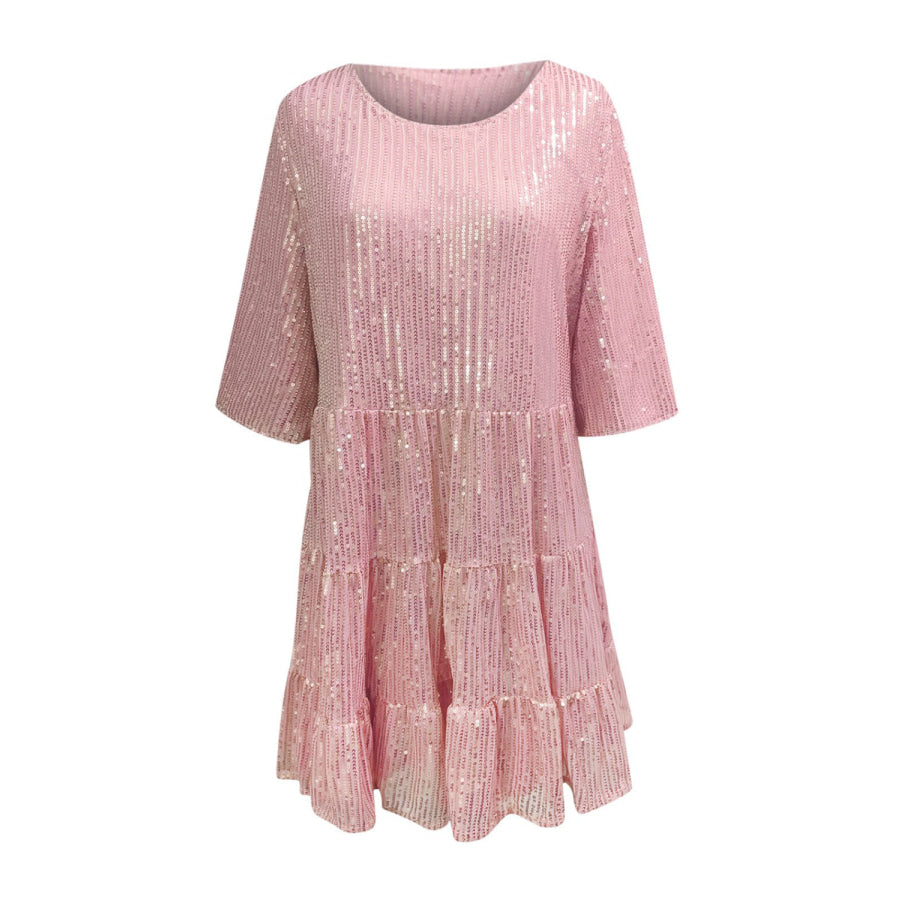 Full Size Sequin Round Neck Half Sleeve Mini Dress Apparel and Accessories