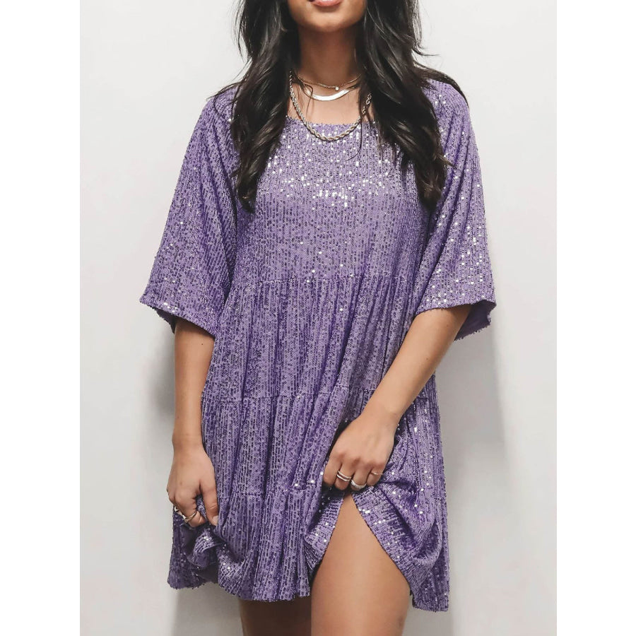 Full Size Sequin Round Neck Half Sleeve Mini Dress Apparel and Accessories