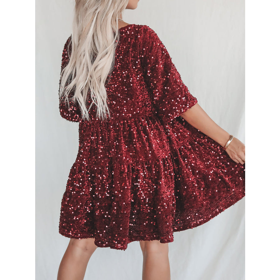 Full Size Sequin Round Neck Half Sleeve Mini Dress Apparel and Accessories