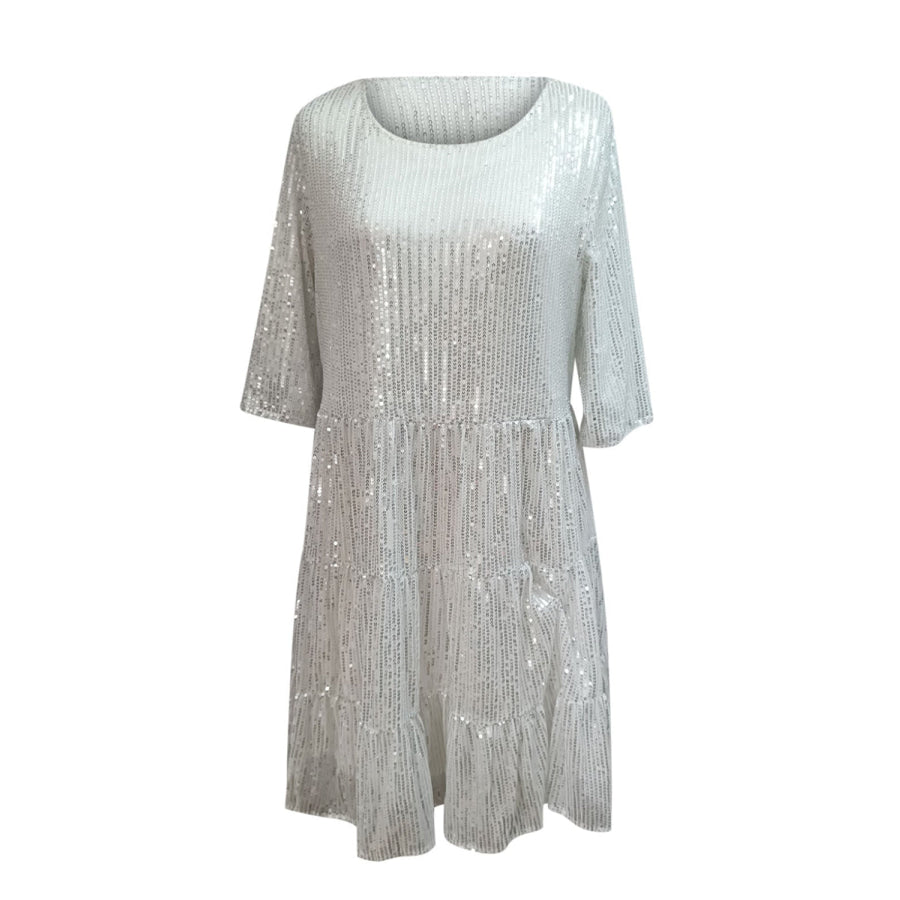 Full Size Sequin Round Neck Half Sleeve Mini Dress White / S Apparel and Accessories