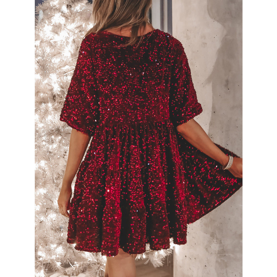 Full Size Sequin Round Neck Half Sleeve Mini Dress Apparel and Accessories