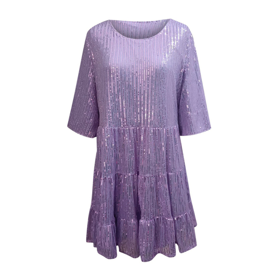 Full Size Sequin Round Neck Half Sleeve Mini Dress Apparel and Accessories