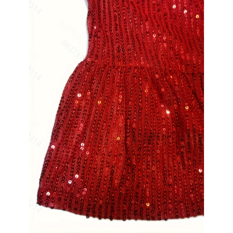 Full Size Sequin Round Neck Half Sleeve Mini Dress Apparel and Accessories