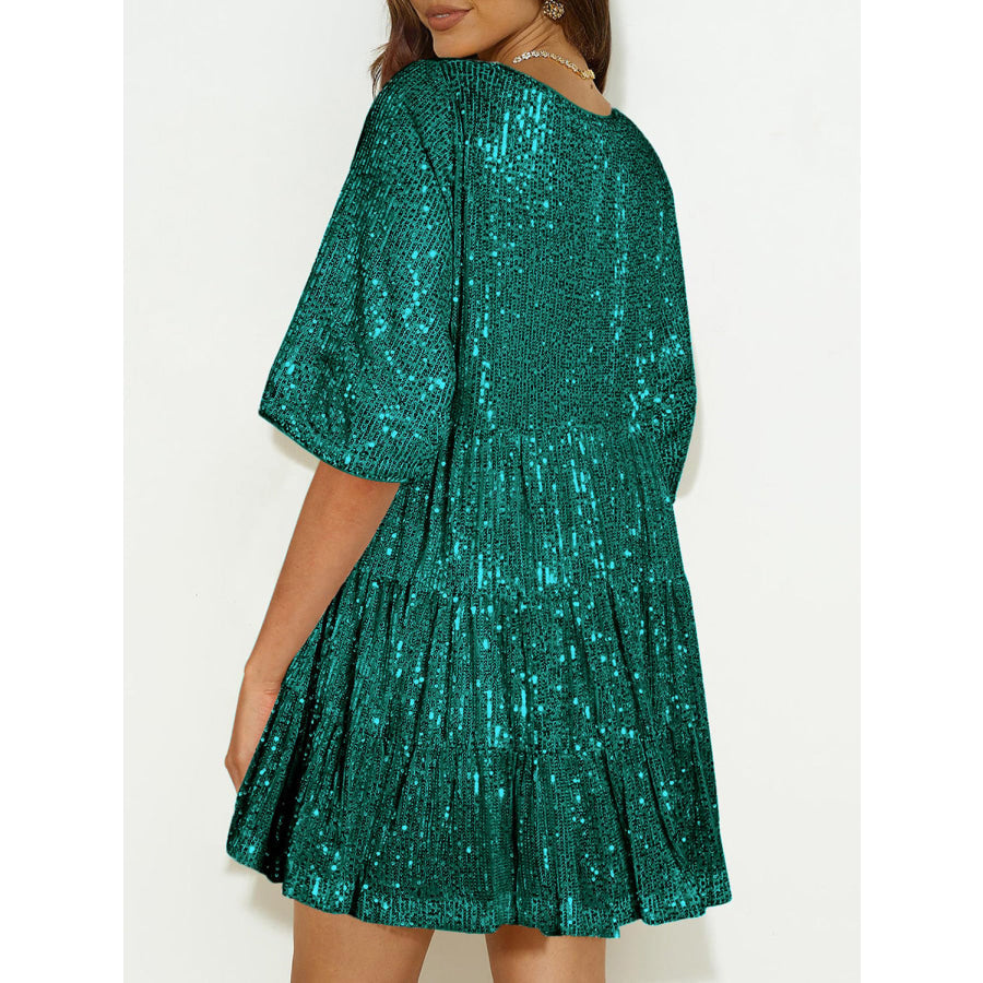 Full Size Sequin Round Neck Half Sleeve Mini Dress Apparel and Accessories