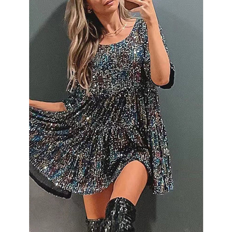 Full Size Sequin Round Neck Half Sleeve Mini Dress Black gold / S Apparel and Accessories