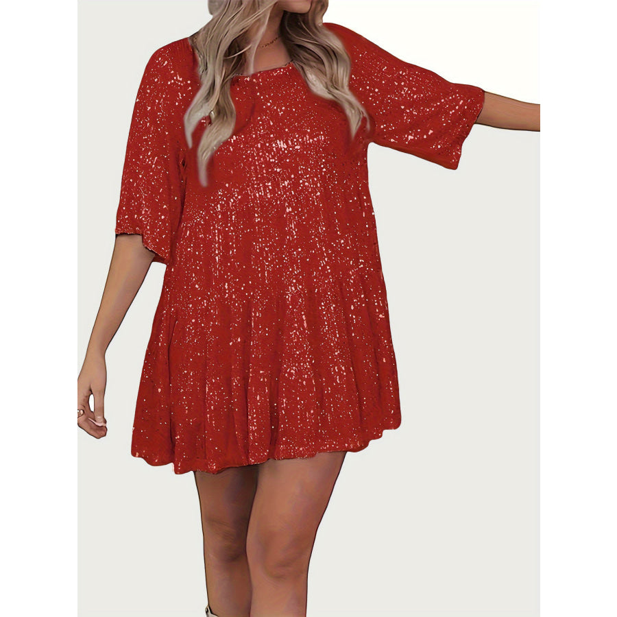 Full Size Sequin Round Neck Half Sleeve Mini Dress Deep Red / S Apparel and Accessories