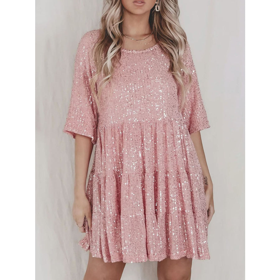 Full Size Sequin Round Neck Half Sleeve Mini Dress Dusty Pink / S Apparel and Accessories