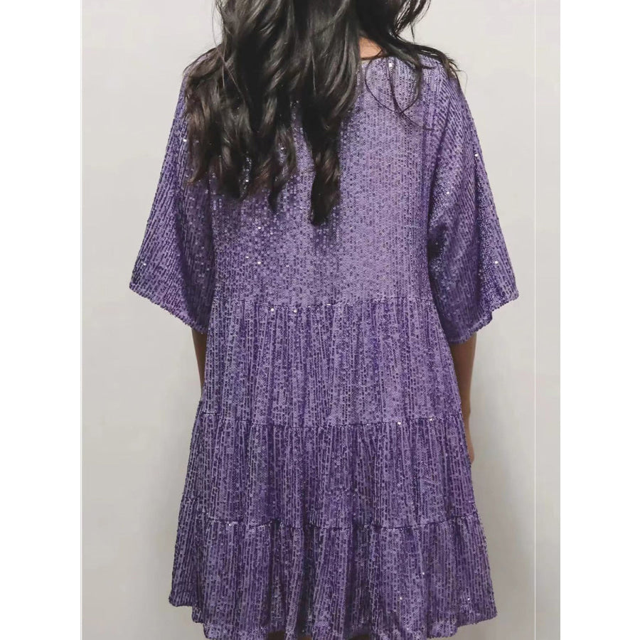 Full Size Sequin Round Neck Half Sleeve Mini Dress Purple / S Apparel and Accessories