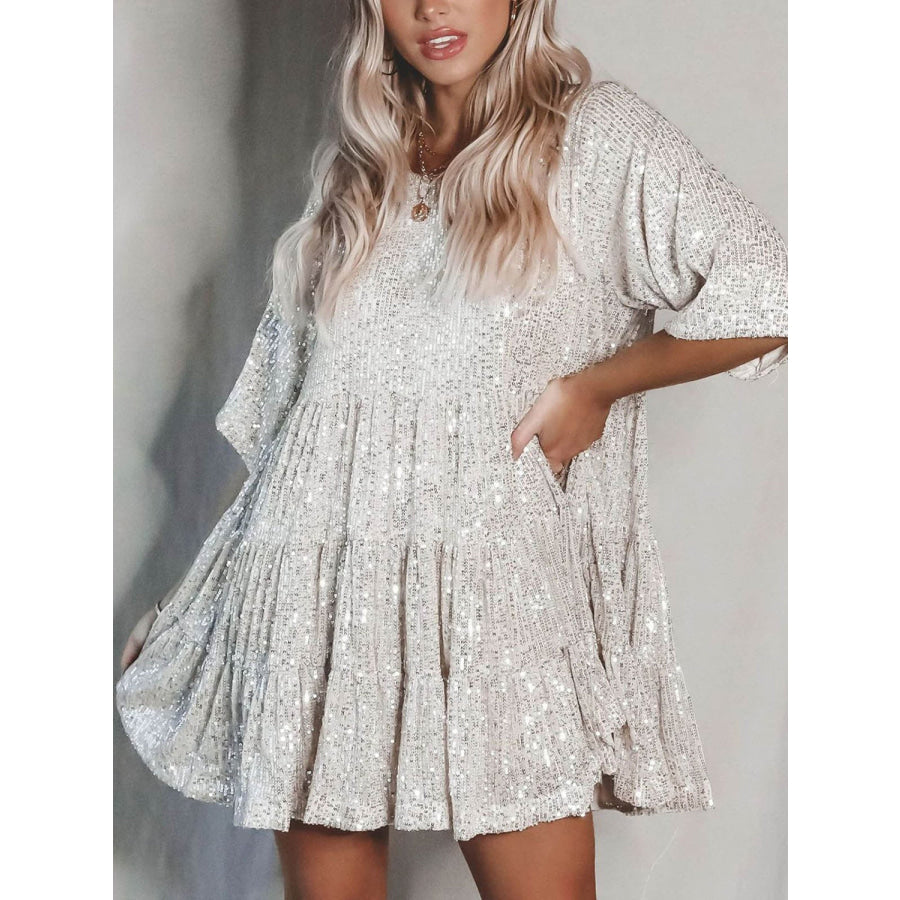 Full Size Sequin Round Neck Half Sleeve Mini Dress White / S Apparel and Accessories