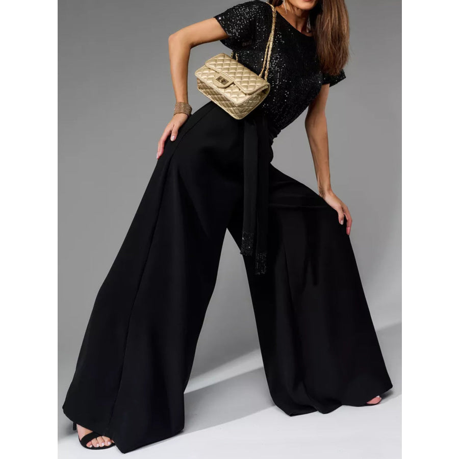 Full Size Sequin Round Neck Short Sleeve Wide Leg Jumpsuit Apparel and Accessories