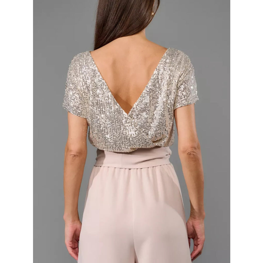 Full Size Sequin Round Neck Short Sleeve Wide Leg Jumpsuit Eggshell / S Apparel and Accessories