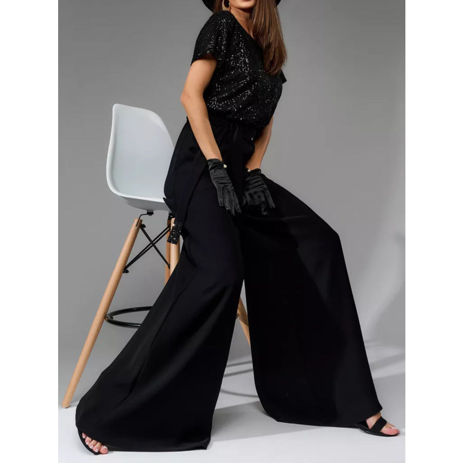 Full Size Sequin Round Neck Short Sleeve Wide Leg Jumpsuit Apparel and Accessories