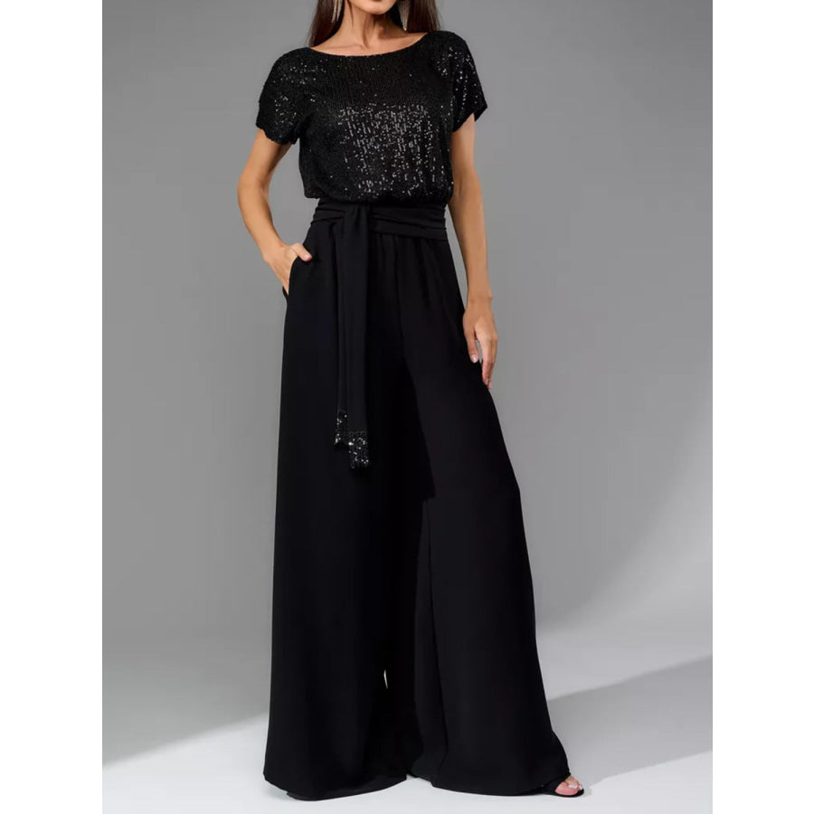 Full Size Sequin Round Neck Short Sleeve Wide Leg Jumpsuit Black / S Apparel and Accessories