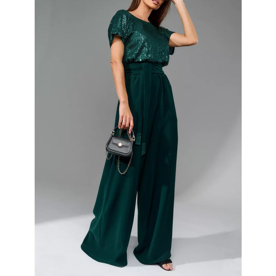 Full Size Sequin Round Neck Short Sleeve Wide Leg Jumpsuit Dark Green / S Apparel and Accessories